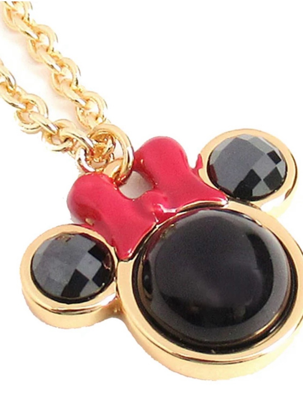 Gold-Tone Minnie Mouse Pendant Necklace with Black Stones and Red Bow